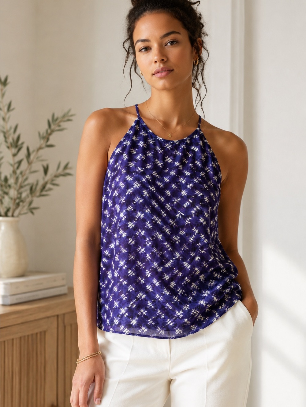 Rebecca Taylor 100% Silk Indigo Print Halter Tank Top Size 10 NWT Boho